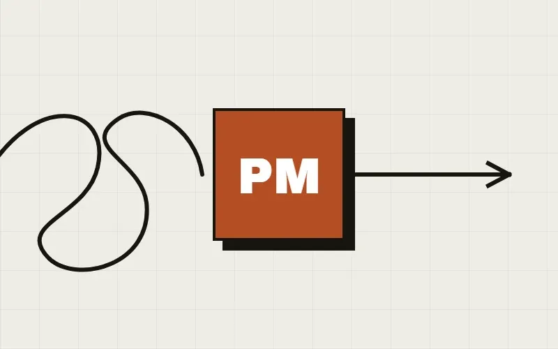 Illustration of tangled requests entering a box labeled PM and leaving as an ordered list: ship the fix, measure it, cut v2, with everything else crossed out